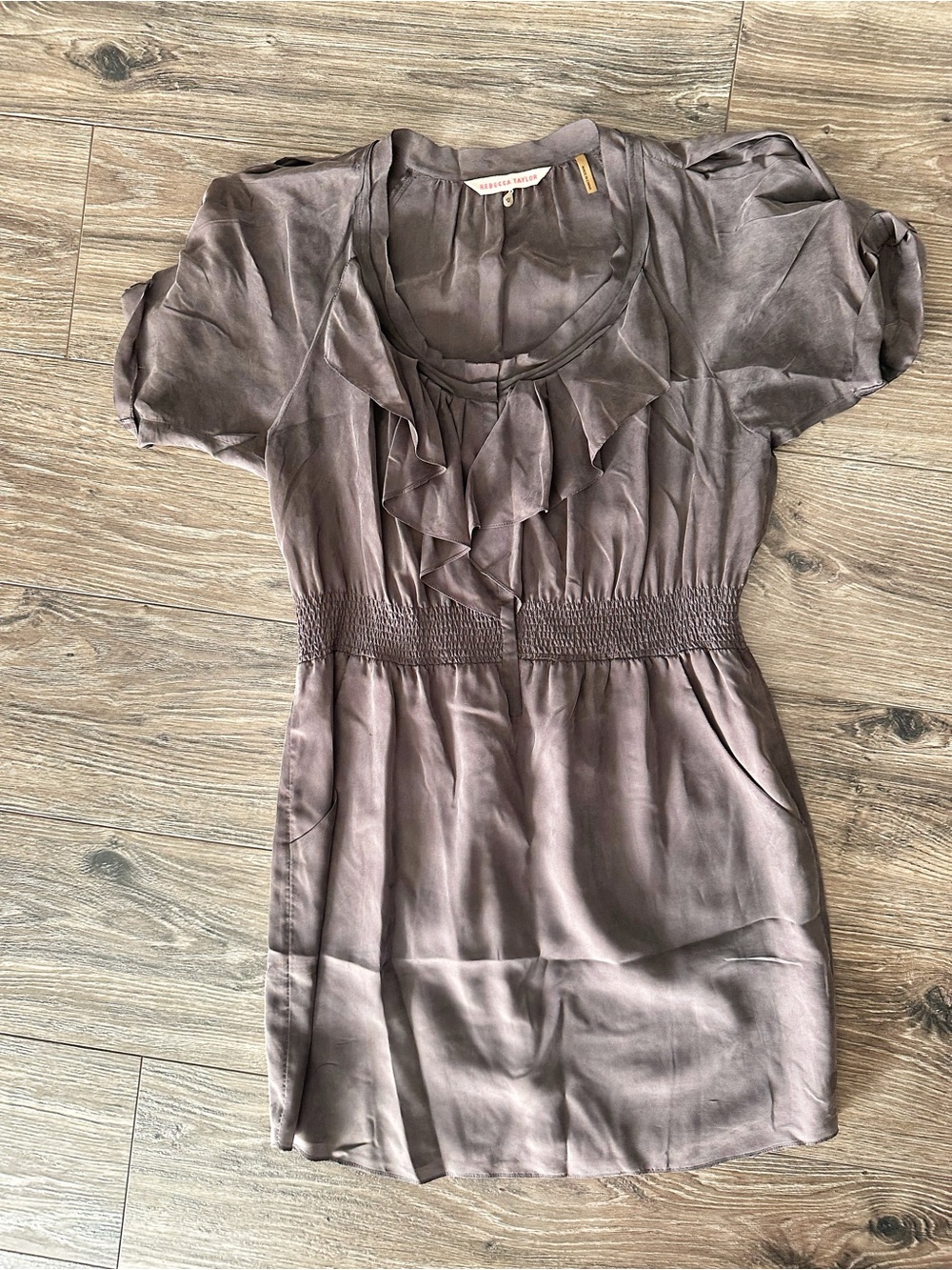 Rebecca Taylor 100% Silk Gray Taupe Ruffle-Front Mini Dress